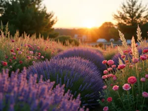 Modern Prairie Garden - contemporary take on prairie-style planting with waves of lavender, single roses, and ornamental grasses creating movement, golden sunset lighting