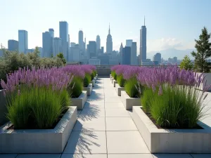 Modern Spanish Lavender Terrace - Contemporary rooftop garden featuring rows of Spanish Lavender in modern concrete planters, with urban skyline in the background