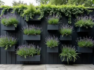 Monochrome Garden Wall - Black modern wall with integrated planters holding perfectly spaced lavender plants, creating a living pattern