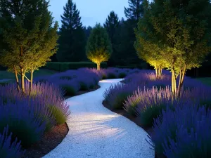 Moonlight Garden - Evening shot of illuminated white gravel paths cutting through geometric lavender beds, with uplighting creating dramatic effects