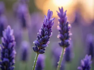 Morning Dew on Lavender - Macro photograph of morning dew drops glistening on English Lavender flowers, capturing the intricate details of the purple blooms in soft morning light