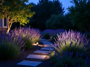 Night-lit Lavender Garden - An evening scene of a lavender garden illuminated by subtle landscape lighting, creating dramatic shadows and highlighting the purple hues of the plants