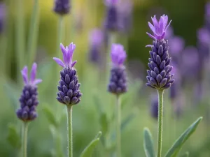 Provence Lavender Features - Close-up comparison of Provence Lavender's long stems and loose flower spikes against a blurred garden background, showing its excellent cutting qualities