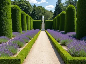 Renaissance Knot Garden Path - Eye-level view down a symmetrical path through a Renaissance-style lavender knot garden, with perfectly manicured patterns and classical statuary in the background