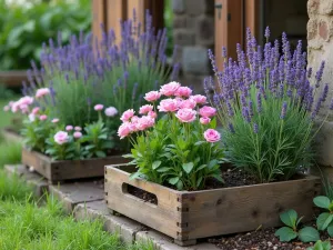 Rustic Herb Garden Corner - close-up of a rustic corner featuring vintage wooden crates planted with culinary lavender and heritage roses, surrounded by herbs