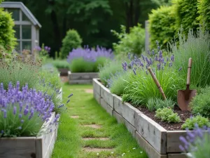 Rustic Lavender Potager - A charming kitchen garden combining lavender borders with vegetables and herbs, featuring weathered wood raised beds and vintage garden tools