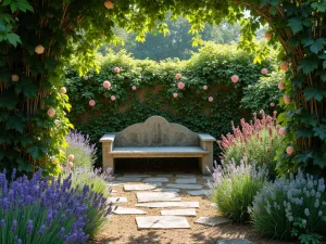 Secret Garden Nook - intimate garden nook with stone bench surrounded by climbing roses and lavender bushes, dappled sunlight through overhanging trees