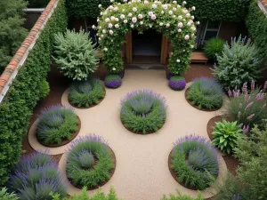 Secret Lavender Garden - Aerial view of a hidden garden space with circular lavender beds, rustic wooden arbor covered in rambling roses, and gravel paths creating a geometric pattern