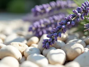 Shadow Play Garden - Close-up of lavender stems casting dramatic shadows on a white pebble surface, captured in harsh midday light