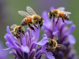 Spanish Lavender Bee Haven - Close-up action shot of bees pollinating Spanish Lavender flowers, focusing on the unique butterfly-like bracts and multiple bees in flight