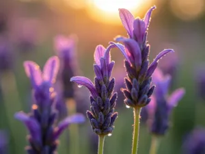 Spanish Lavender Close-up in Morning Light - Macro photograph of Spanish Lavender (Lavandula stoechas) flowers in morning sunlight, showing detailed purple bracts and deep violet florets, with dew drops glistening on the petals