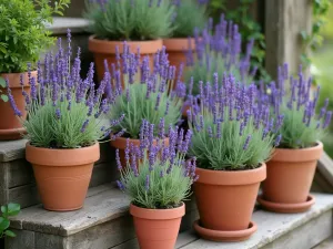 Spanish Lavender Container Display - Collection of terracotta pots at different heights featuring Spanish Lavender plants in full bloom, arranged on rustic wooden steps