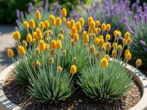 Spanish Lavender Display - Aerial view of Spanish Lavender (Lavandula stoechas) with distinctive pineapple-shaped flower heads arranged in a circular garden bed, Mediterranean style, warm sunlight