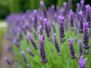 Spanish Lavender Hedge Detail - Close-up side view of a formal Spanish Lavender hedge, showing the distinctive crowned flower spikes in perfect alignment