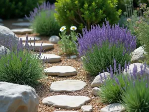 Spanish Lavender Rock Garden - Natural-style rock garden featuring Spanish Lavender growing between limestone rocks, with thyme and other Mediterranean herbs