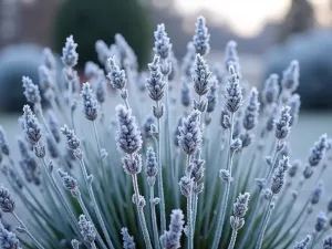 Spanish Lavender Winter Structure - Artistic capture of frost-covered Spanish Lavender plants, highlighting their architectural form and silvery foliage in winter