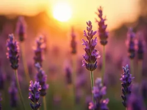 Sunset Lavender Field - Close-up perspective of English Lavender flowers backlit by golden sunset light, creating a magical purple and gold atmosphere with bokeh effect