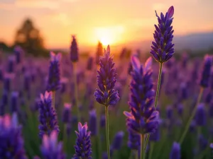 Sunset Spanish Lavender Field - Wide-angle view of a Spanish Lavender field at sunset, with golden light filtering through the purple flowers and butterfly-like bracts