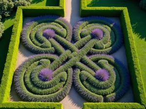 Traditional Knot Garden Aerial View - Aerial view of a symmetrical lavender knot garden with intricate geometric patterns, featuring English lavender intertwined in Celtic-inspired designs, bordered by manicured boxwood hedges, shot in morning light