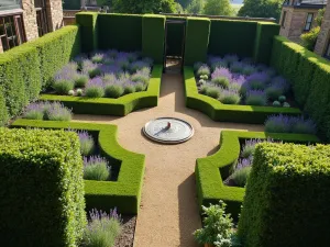 Tudor-Style Knot Garden - Wide-angle view of a Tudor-inspired knot garden with lavender and herbs, featuring intricate box hedging patterns and central sundial, photographed in soft morning light