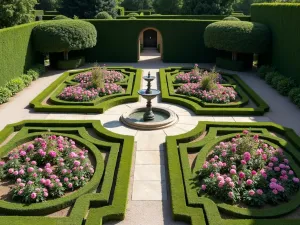 Victorian Lavender Rose Parterre - formal Victorian-style parterre garden with perfectly trimmed lavender edges and standard roses, viewed from above, featuring ornate central fountain