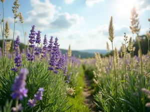 Wild Lavender Meadow - A naturalistic wide-angle view of a wildflower meadow dominated by lavender, with ornamental grasses and butterfly-friendly perennials swaying in the breeze