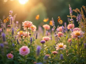 Wild Meadow Lavender Rose Garden - close-up view of naturalistic planting with wild roses and lavender mixing freely with ornamental grasses, butterflies hovering in golden afternoon light