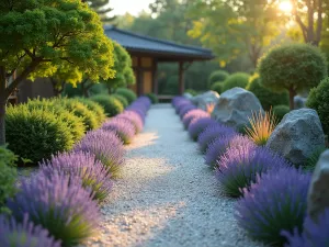 Zen Lavender Garden - A serene Japanese-inspired garden with neat rows of lavender, raked gravel, and carefully placed rocks, photographed in early morning light