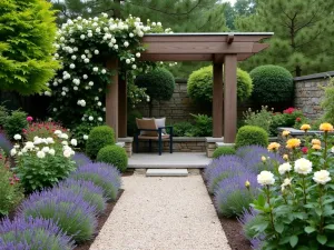 Zen Lavender Rose Garden - Japanese-inspired garden with lavender borders, climbing roses, and raked gravel, featuring natural stone elements and wooden pergola