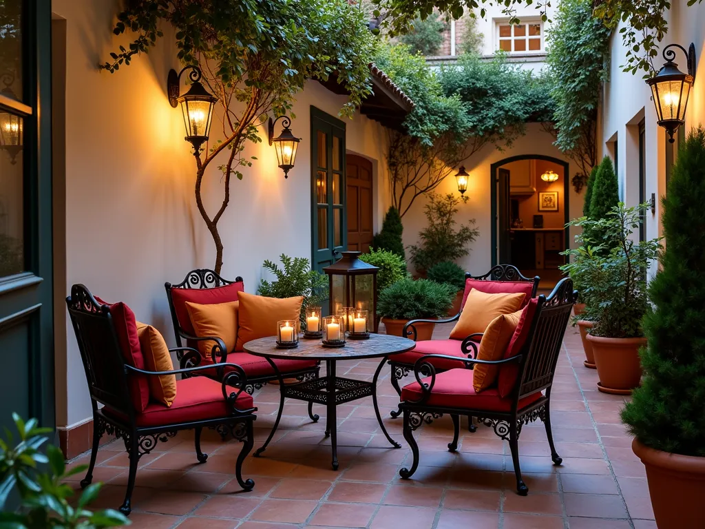 Intimate Spanish Courtyard Haven - A cozy Mediterranean courtyard at dusk, photographed with a wide-angle lens capturing wrought iron chairs with intricate scrollwork patterns arranged intimately around a rustic iron table. Plush crimson and ochre cushions adorn the seats, while a large ornate black metal lantern with flickering candlelight creates warm ambiance. Terra cotta planters filled with cascading bougainvillea and potted citrus trees frame the seating area. Whitewashed stucco walls with climbing jasmine provide a classic Spanish backdrop, while terracotta tiles pattern the ground. Soft evening light casts long shadows across the space, highlighting the romantic Mediterranean atmosphere. Shot at f/2.8 with gentle depth of field, ISO 400, 16mm focal length.