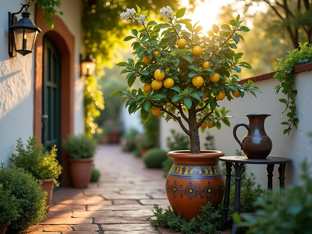 Mediterranean Citrus Corner at Golden Hour - A cozy Mediterranean garden corner bathed in warm golden hour sunlight, featuring a flourishing dwarf Meyer lemon tree in an ornate terracotta pot with Spanish-inspired blue and yellow ceramic patterns. The tree, laden with bright lemons and delicate white blossoms, is surrounded by a carpet of creeping thyme and cascading rosemary at its base. Shot at f/2.8 with a shallow depth of field, focusing on the citrus tree while creating a dreamy bokeh effect on the whitewashed stucco wall behind. Rustic terracotta tiles and weathered copper lanterns frame the scene, while dappled evening light filters through the citrus leaves, creating an enchanting play of shadows. A vintage wrought iron side table holds a Mediterranean-style water pitcher, completing the intimate vignette.