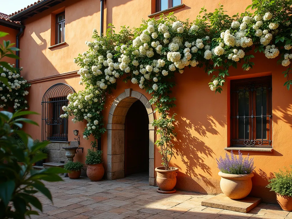 Mediterranean Climbing Plant Wall at Sunset - A stunning Mediterranean-style courtyard featuring a weathered terracotta wall completely adorned with cascading white jasmine and mature grape vines. The climbing plants are supported by artistic wrought-iron trellises with Spanish-inspired scrollwork. Golden evening sunlight filters through the foliage, creating dramatic shadows on the textured wall. In the foreground, a small stone fountain and rustic terracotta pots with lavender complement the vertical garden. Shot with a wide-angle lens to capture the full height of the wall, with the warm sunset light highlighting the white jasmine flowers and creating a romantic, enchanted atmosphere. Professional DSLR photo with perfect depth of field showcasing the intricate details of both the climbing plants and architectural elements.