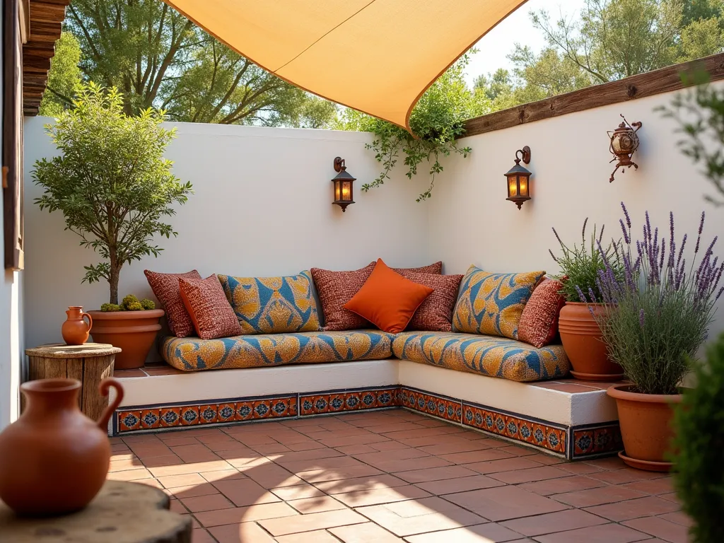 Mediterranean Corner Retreat at Sunset - A cozy Mediterranean garden corner retreat photographed at golden hour, featuring a whitewashed stucco L-shaped built-in bench with vibrant Spanish-patterned cushions in terracotta, blue, and yellow. Overhead, a cream-colored triangular shade sail provides elegant protection. Terracotta pots of various sizes showcase a dwarf lemon tree and aromatic rosemary, thyme, and lavender. Moroccan-style ceramic lanterns and copper wall sconces add warm lighting. The corner is accented with traditional Spanish tiles in blue and orange patterns along the bench base. A rustic wooden side table holds a pottery water pitcher. Wide-angle shot capturing the intimate atmosphere with soft sunset lighting filtering through the sail, DSLR camera, f/8, ISO 100, 1/125 sec.