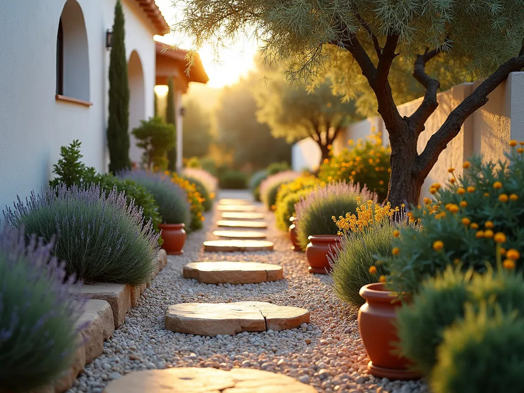 Mediterranean Drought-Tolerant Border at Sunset - A captivating wide-angle photograph of a narrow Mediterranean garden border at golden hour, shot at f/2.8. The border features layers of silvery lavender plants in full bloom, complemented by rounded santolina shrubs with yellow button flowers, and a small sculptural olive tree as a focal point. Warm sunlight filters through the olive branches, casting long shadows across light-colored gravel mulch that winds through the drought-resistant plants. Terra cotta pots and weathered stone elements add authentic Spanish charm. The border is photographed from a low angle to emphasize depth and texture, with the background softly blurred to create a dreamy Mediterranean atmosphere. Natural stone pavers line the edge of the border, while a whitewashed stucco wall provides a classic Spanish backdrop.