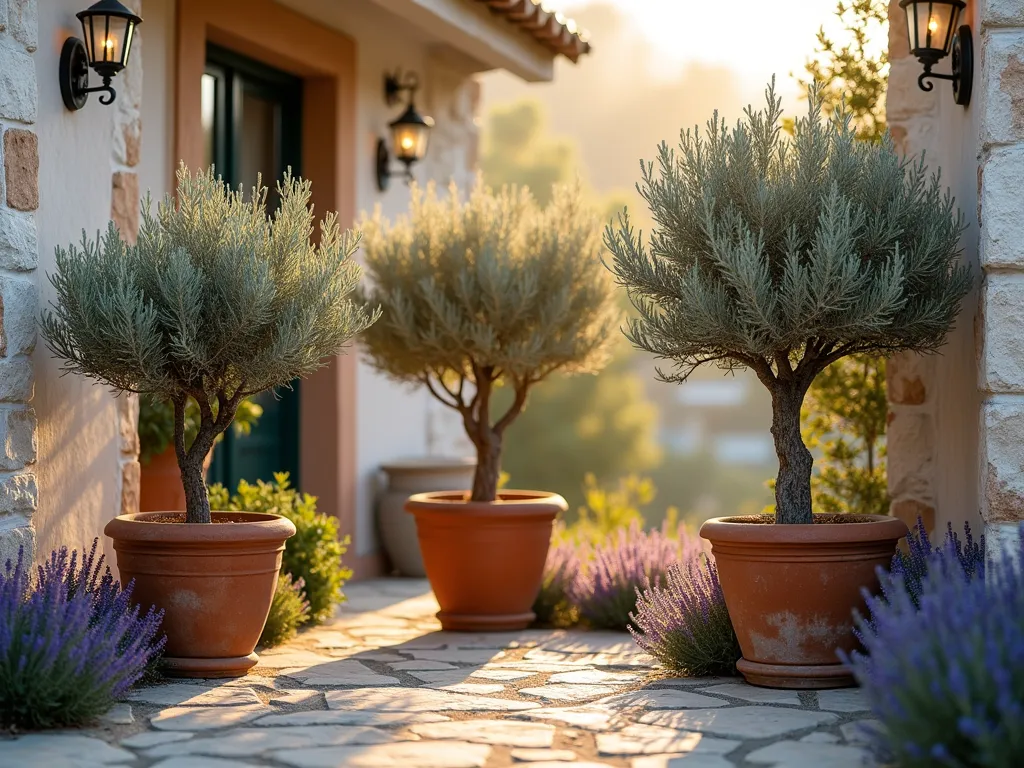 Mediterranean Dwarf Olive Grove Patio Garden - A serene evening patio scene captured with a medium-wide shot, showing three elegant dwarf olive trees in weathered terracotta pots arranged in a triangle formation. Soft golden sunlight filters through the silvery-green olive leaves, casting gentle shadows on the rustic stone paving. Purple lavender and creeping thyme create a fragrant carpet beneath the pots, spilling over their edges. A distressed whitewashed Mediterranean wall provides a textural backdrop, complemented by wrought iron wall sconces. The composition is photographed during golden hour, with warm lighting emphasizing the Mediterranean atmosphere. Shot with a 16-35mm lens at f/2.8, creating a dreamy bokeh effect while maintaining sharp detail on the olive trees.