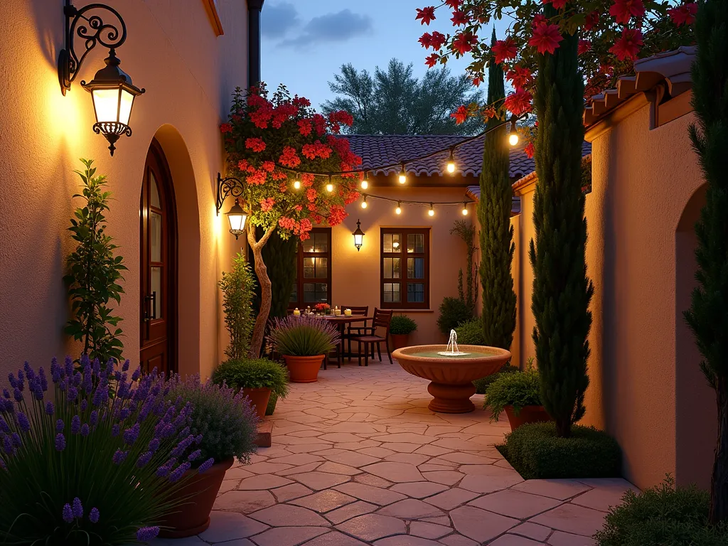 Evening Mediterranean Garden Lighting - A twilight view of an intimate Mediterranean garden patio with layers of ambient lighting. Ornate wrought iron lanterns cast intricate shadows on stucco walls, while warm copper path lights illuminate a winding stone pathway. Delicate string lights draped between terracotta posts create a magical canopy overhead. In the foreground, potted lavender and cypress trees are dramatically lit from below. The scene features classic Mediterranean elements including a small stone fountain gently lit by underwater lights, and climbing bougainvillea catching the warm glow of the lighting. Photorealistic, magical evening atmosphere, soft lighting, 24mm wide angle lens, f/2.8, golden hour.