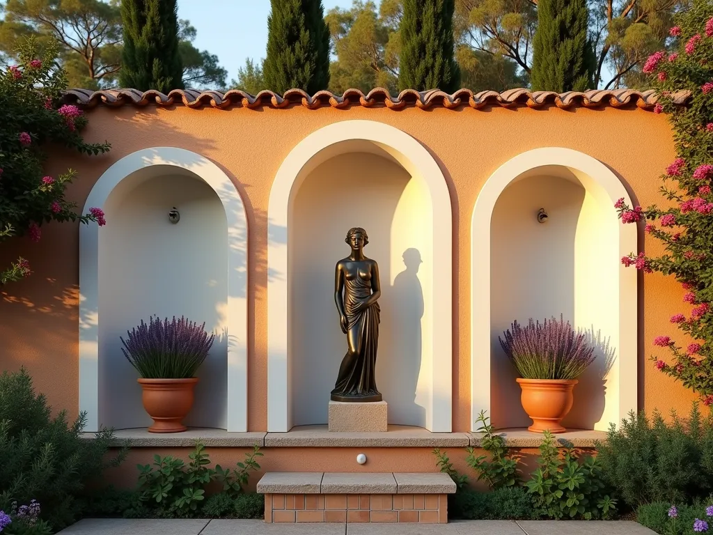 Mediterranean Garden Wall Niche at Sunset - A close-up view of an elegant Mediterranean garden wall at golden hour, featuring three arched whitewashed niches carved into a textured stucco wall. The central niche houses a classical bronze water goddess statue, while the side niches display weathered terracotta pots with cascading Spanish lavender and trailing rosemary. The wall is painted in warm ochre with white-painted recesses, creating dramatic shadows in the evening light. Mediterranean cypress trees frame the background, and climbing bougainvillea adds splashes of vibrant pink around the niches. Small Spanish ceramic tiles accent the base of each niche, with gentle lighting illuminating the architectural features.