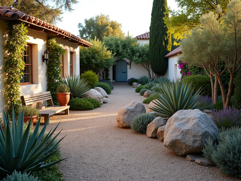 Sunset Mediterranean Gravel Garden Haven - A stunning DSLR capture of an intimate Mediterranean gravel garden at golden hour, shot with a wide-angle lens at f/8. The scene features a meticulously designed small space with crushed limestone paths winding between clusters of silver-leafed artemisia and architectural euphorbia characias. Large weathered limestone boulders create dramatic focal points, their surfaces catching the warm evening light. Drought-resistant lavender and rosemary bushes add texture and purple accents. Terra cotta pots strategically placed contain striking agave plants. The composition includes a rustic stone bench against a whitewashed Mediterranean-style wall with climbing bougainvillea. Natural lighting casts long shadows across the gravel, highlighting the garden's texture and Mediterranean character. The foreground showcases ornamental grasses swaying gently, while Italian cypress trees in the background provide vertical interest.