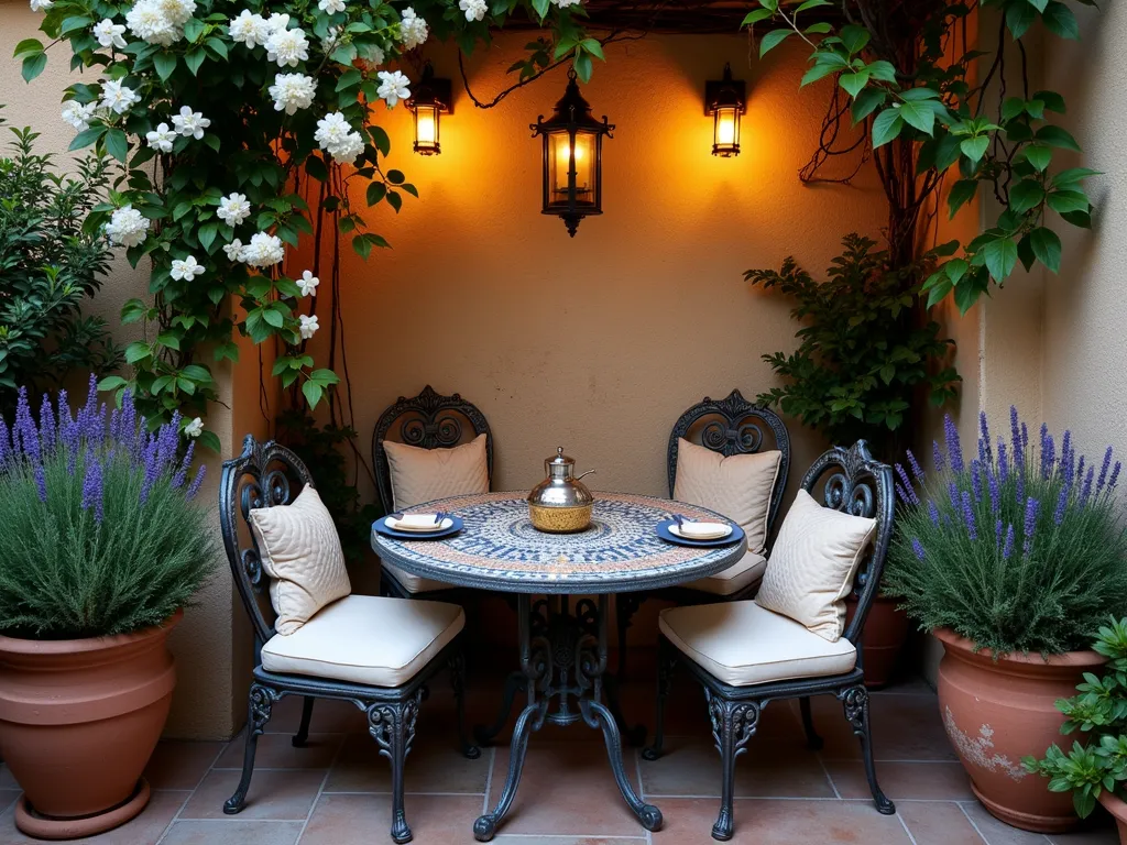 Mediterranean Intimate Dining Nook at Dusk - A DSLR wide-angle capture of an intimate Mediterranean garden dining nook at dusk, featuring a rustic round mosaic table in blues and terracotta, paired with ornate wrought iron chairs with plush cream cushions. Overhead, vintage-style iron lanterns cast a warm, golden glow, while star jasmine climbs elegantly across a weathered stone wall backdrop. Terracotta planters filled with lavender and rosemary frame the cozy scene, creating a secluded atmosphere. The space is photographed at f/8, capturing the rich textures of the mosaic work and the delicate jasmine flowers, with the setting sun creating soft shadows and highlighting the romantic Mediterranean ambiance. Shot composition emphasizes the intimate scale while showcasing the harmonious blend of decorative elements and natural greenery.