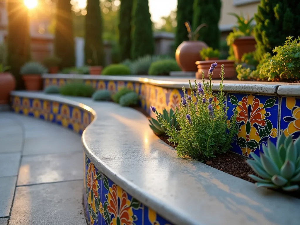 Mediterranean Mosaic Seating Wall with Built-in Planters - A close-up shot during golden hour of a curved Mediterranean-style seating wall featuring vibrant Spanish mosaic tiles in blues, yellows, and terracotta patterns. The low wall, approximately 18 inches high, includes built-in planters overflowing with cascading rosemary, lavender, and compact succulents. The mosaic design incorporates traditional Spanish floral motifs in rich cobalt blue and burnt orange. The wall's surface captures the warm evening light, making the tiles shimmer. The background shows a small intimate garden space with terracotta pots and Mediterranean cypress, slightly out of focus. The seating wall's smooth concrete top provides comfortable seating width, while the face of the wall showcases the intricate tile work, creating a functional yet artistic garden feature.