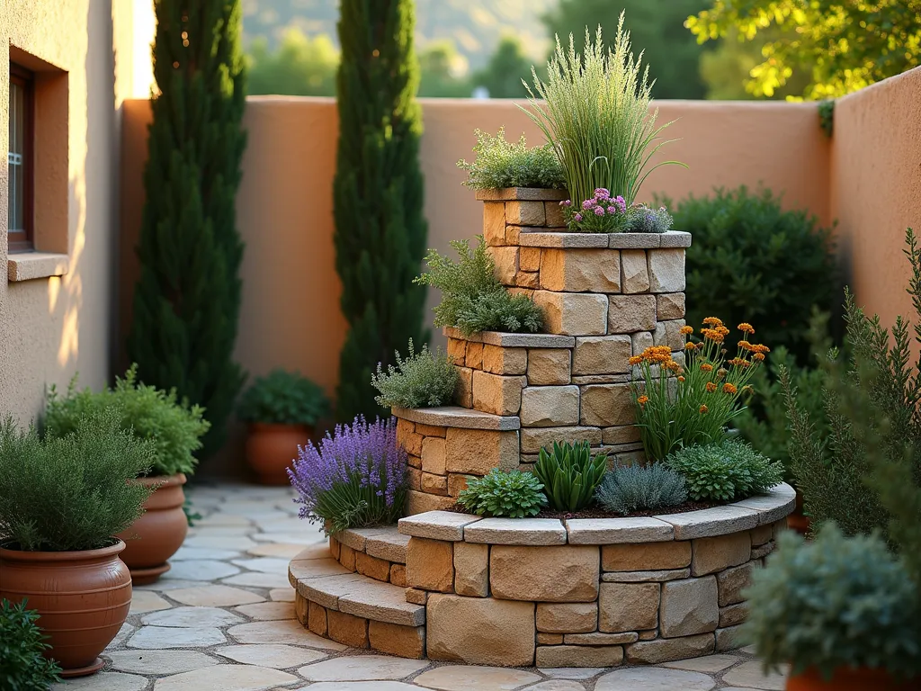 Mediterranean Spiral Herb Garden at Sunset - A stunning DSLR photograph of an elegant spiral herb garden, captured during golden hour. The three-tiered stone spiral structure rises gracefully to 4 feet, featuring weathered limestone blocks creating a Mediterranean aesthetic. Cascading herbs including silver-leaved sage, purple flowering thyme, and golden oregano spill over the edges. Rosemary stands proudly at the top, while lavender and basil fill the lower tiers. Warm evening sunlight casts long shadows across the spiral's texture, highlighting the various microclimates. Terra cotta pots and Mediterranean cypress trees frame the background. Shot with a wide-angle lens at f/8, capturing the intricate stonework details while maintaining context within a small courtyard garden setting. The spiral's architectural form creates a dramatic focal point against the rustic stucco wall, embodying both functionality and artistic garden design.