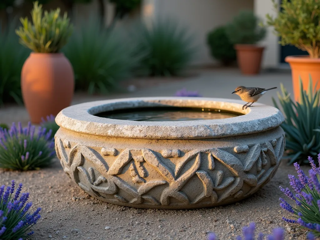 Mediterranean Stone Water Basin at Dusk - A close-up shot of an ornate limestone water basin in a small Mediterranean garden at dusk, captured with a 16-35mm lens at f/2.8, ISO 400. The weathered stone pila features intricate Spanish-inspired carvings and a gentle water trickle, surrounded by a bed of light-colored gravel. Purple lavender, silver-leafed artemisia, and compact rosemary bushes frame the basin, creating a drought-tolerant border. Soft evening light casts long shadows across the textured stone, while a small bird perches on the basin's rim. Terra cotta pots with trailing Spanish jasmine add vertical interest in the background, completing the authentic Mediterranean atmosphere.