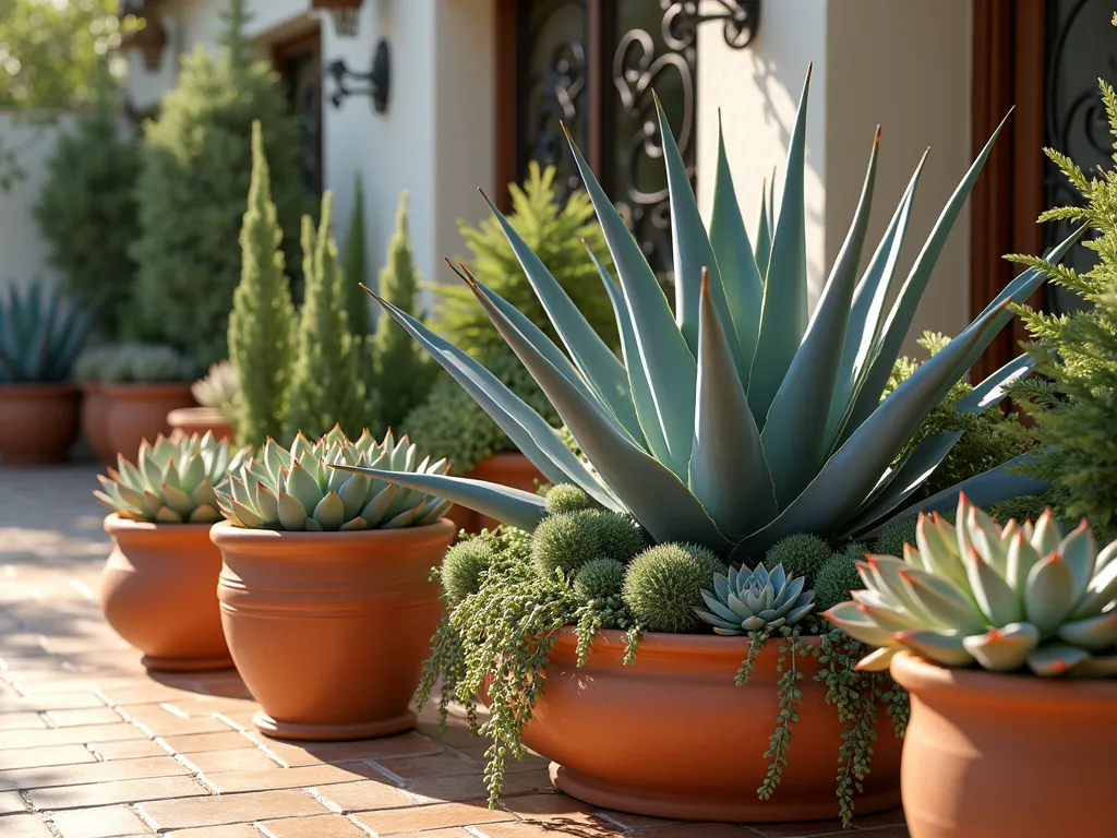 Mediterranean Succulent Terrace Display - Close-up shot of an elegant Mediterranean-style terracotta pot arrangement on a sun-drenched Spanish tile patio, featuring a striking collection of architectural succulents and agaves in varying heights. The centerpiece is a majestic Blue Agave surrounded by cascading Echeveria rosettes, spiky Aloe vera, and trailing Sedum morganianum. Multiple hand-painted terracotta pots in earth tones create levels and depth, while afternoon sunlight casts dramatic shadows across the textured arrangement. The background shows hints of whitewashed stucco walls and wrought iron details, creating a authentic Spanish garden atmosphere. Photorealistic, high detail, warm lighting, 4K.