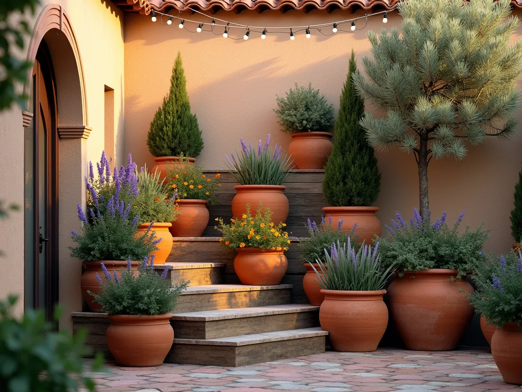 Mediterranean Terracotta Plant Theatre at Sunset - A stunning DSLR wide-angle photograph of a charming Mediterranean garden vignette at golden hour, featuring a rustic wooden stepped plant theater against a weathered stucco wall. Multiple levels of authentic terracotta pots in varying sizes showcase a curated collection of Mediterranean plants. Lavender spills over pot edges, while upright rosemary and cypress create vertical interest. Silver-leafed olive trees in larger pots anchor the display, with trailing nasturtiums adding pops of warm color. The evening sun casts long shadows and highlights the rich orange tones of the terracotta, while string lights draped above create a magical ambiance. The composition is perfectly balanced with intimate garden seating nearby, creating a cozy Mediterranean courtyard feeling. Shot at f/8 for optimal depth of field, capturing the intricate textures of both plants and pottery. 8K resolution, photorealistic detail.