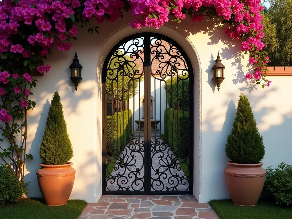 Mediterranean Wrought Iron Garden Gate at Golden Hour - A stunning wide-angle photograph of an ornate wrought iron garden gate set within a whitewashed stucco wall, captured during golden hour. The intricate Spanish-style scrollwork and arabesque patterns in matte black iron create dramatic shadows across the Mediterranean-style entrance. Climbing bougainvillea with vibrant magenta blooms drapes elegantly over the wall, while potted terracotta planters with Mediterranean cypress flank the gate. Soft, warm sunlight filters through the decorative ironwork, creating enchanting light patterns on the rustic stone pathway. The gate leads to a glimpse of a small, intimate garden courtyard with a stone fountain visible in the background. Shot with a DSLR camera at f/8, ISO 100, capturing the rich textures and intricate details of the Spanish-Mediterranean design elements.