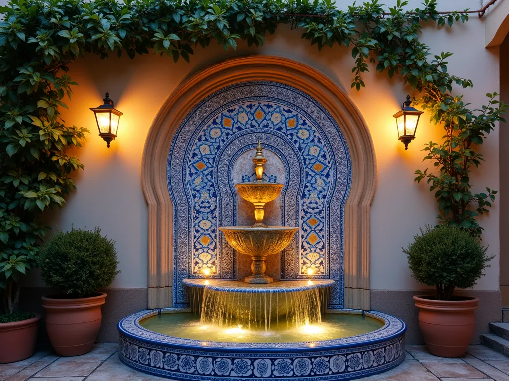 Mediterranean Moorish Tile Water Feature at Dusk - A stunning close-up photograph of an ornate Moorish-style wall fountain at dusk, captured with a 16-35mm lens at f/2.8, ISO 400. The fountain features intricate hand-painted blue and white Andalusian tiles in geometric patterns, with water gracefully cascading down multiple tiers. Soft evening lighting illuminates the glazed tiles, creating a magical ambiance in a small Mediterranean courtyard corner. Climbing jasmine frames the fountain, while copper lanterns cast a warm glow on the textured stucco wall. The fountain basin is adorned with mosaic tile work, reflecting the golden hour light on the rippling water surface. Small potted citrus trees and terracotta planters with lavender flank the feature, completing the intimate Spanish garden vignette.