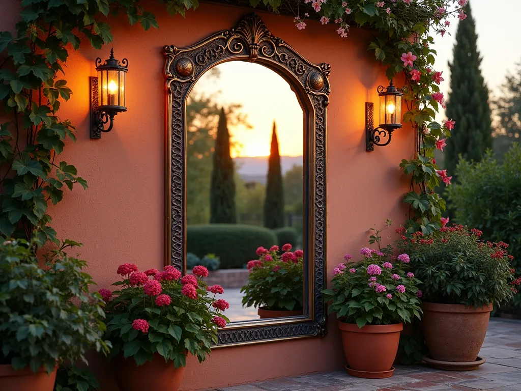 Spanish Mediterranean Mirror Garden Wall - A twilight garden scene featuring an ornate bronze-framed Spanish arch mirror mounted on a textured terracotta stucco wall, surrounded by climbing Mediterranean jasmine and potted bougainvillea. The mirror reflects the warm glow of wall-mounted copper lanterns and the silhouettes of cypress trees. Terracotta pots with cascading geraniums line the base of the wall, while wrought iron wall planters frame the mirror with trailing lantana. Shot at golden hour with a 16-35mm lens at f/2.8, capturing the mirror's reflection of the setting sun and creating a magical depth effect in this intimate garden space. The composition includes intricate Moorish tile details and weathered metalwork, embodying classic Spanish Mediterranean style.