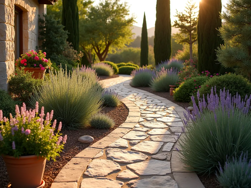 Mediterranean Stone Garden Path at Sunset - A winding rustic stone pathway in a small Mediterranean garden at golden hour, photographed with a wide-angle lens. Natural limestone pavers create a meandering path through drought-resistant plantings. Fragrant rosemary and lavender spill over the pathway edges, while creeping thyme fills the gaps between stones. Terra cotta pots with flowering bougainvillea frame the path corners. Soft evening sunlight casts long shadows across the textured stone surface, highlighting the weathered patina. Spanish cypress trees provide vertical interest in the background. Shot at f/8 with natural lighting capturing the warm Mediterranean atmosphere, details of herbs, and rustic charm. 8K resolution, professional photography.