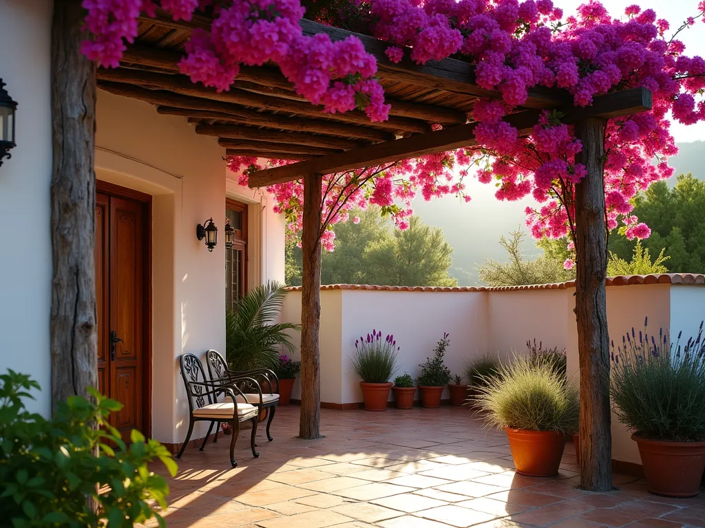 Mediterranean Rustic Pergola with Blooming Bougainvillea - Late afternoon sunlight filtering through a weathered wooden pergola in a small Mediterranean garden setting, captured with a wide-angle lens at f/2.8. Rich magenta bougainvillea cascades dramatically over distressed timber beams, creating dappled shadows on terracotta tiles below. Intimate seating arrangement with wrought iron chairs visible underneath. Whitewashed stucco walls in background with terracotta pots featuring lavender and rosemary. Golden hour lighting emphasizes the rustic wood grain texture and creates a warm, romantic atmosphere. Shot from corner angle to show depth and vertical structure, 16mm focal length.