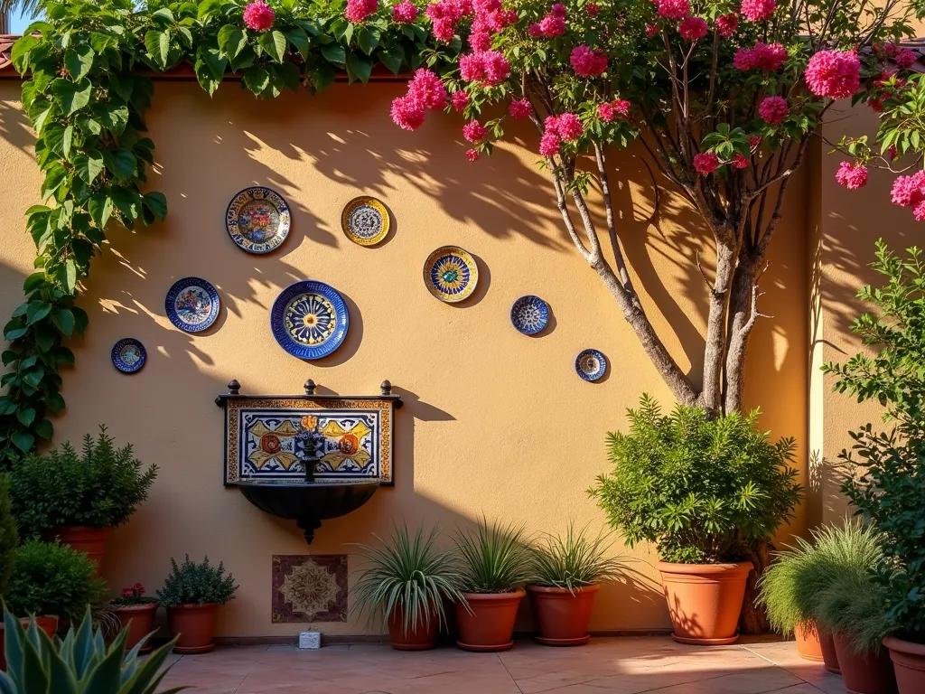 Spanish Ceramic Garden Wall at Dusk - A close-up view of a Mediterranean garden wall at golden hour, adorned with vibrant hand-painted Spanish ceramic plates and decorative tiles in blues, yellows, and terra cotta. The wall features intricate Moorish patterns and is partially covered by cascading bougainvillea. A wrought iron wall fountain with ceramic accents serves as a focal point, while terracotta pots with flowering succulents line the base. Shot with dramatic side lighting creating long shadows across the textured stucco wall, capturing the warm evening ambiance of a Spanish garden. 16-35mm lens, f/2.8, ISO 400